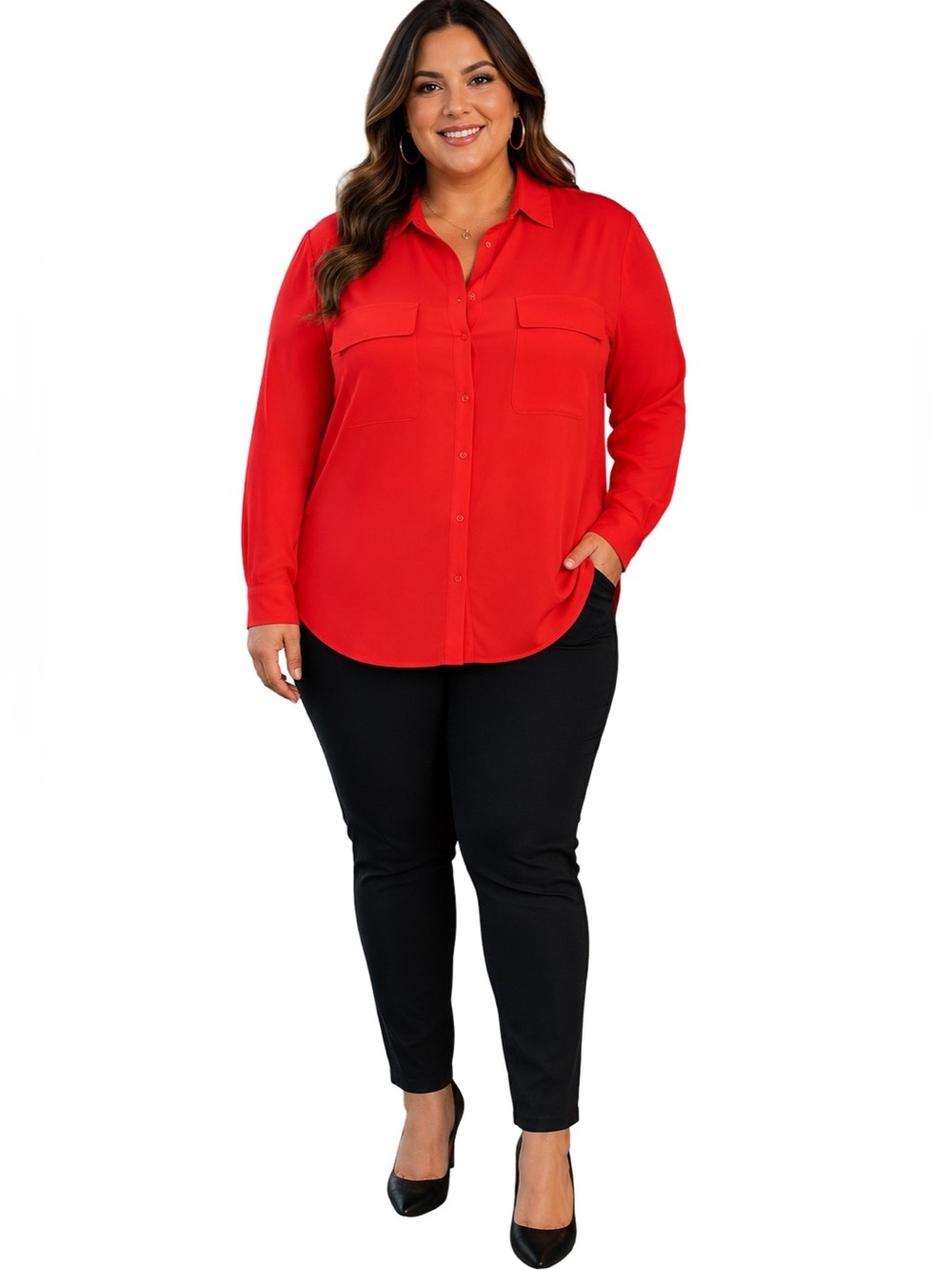 NWT Madison Curvy Red Button Front Blouse Plus Size Office Career Top